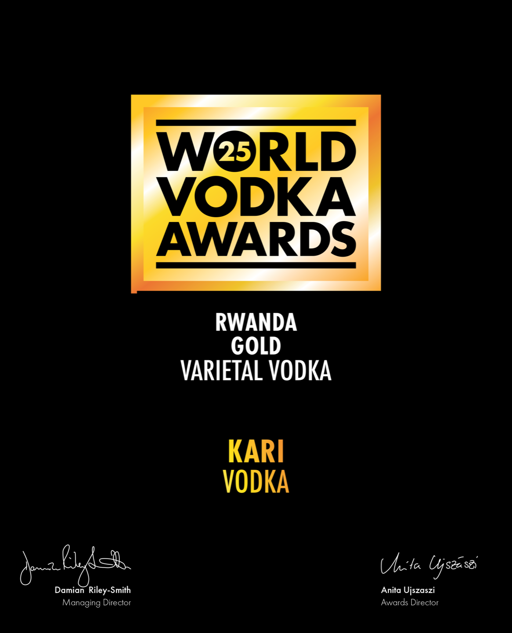 World Vodka Awards 2025 — Rwanda Gold, Varietal Vodka, Kari Vodka